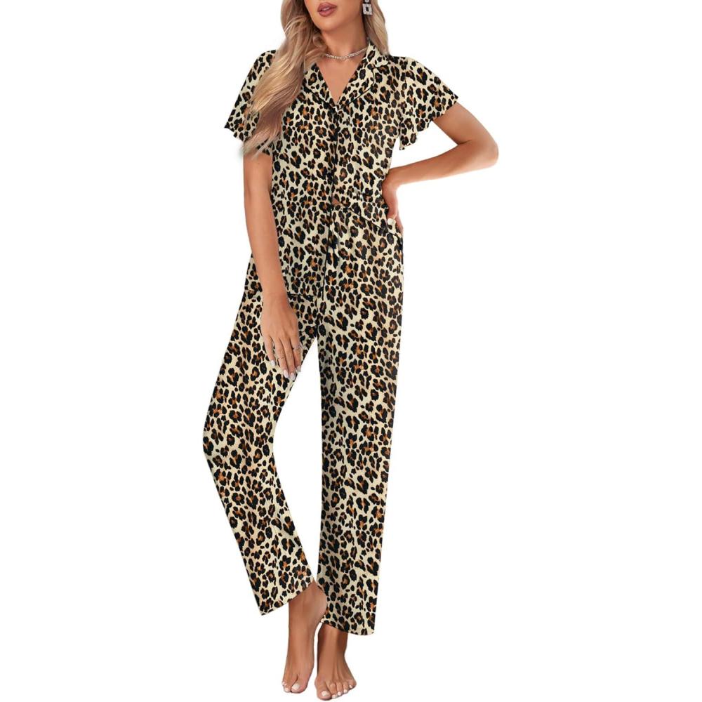 imageEkouaer Pajamas for Women Set Button Up Sleepwear Cute Pjs Ruffle Sleeve Notch Collar Loungewear with Long Pants SXXLBrown Leopard