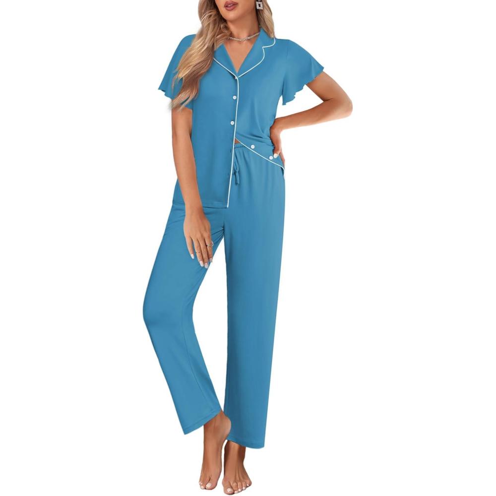 imageEkouaer Pajamas for Women Set Button Up Sleepwear Cute Pjs Ruffle Sleeve Notch Collar Loungewear with Long Pants SXXLLake Blue