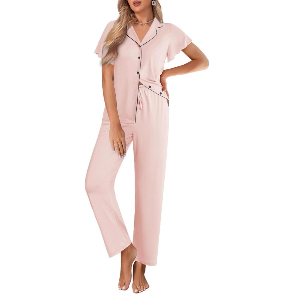 imageEkouaer Pajamas for Women Set Button Up Sleepwear Cute Pjs Ruffle Sleeve Notch Collar Loungewear with Long Pants SXXLLight Pink