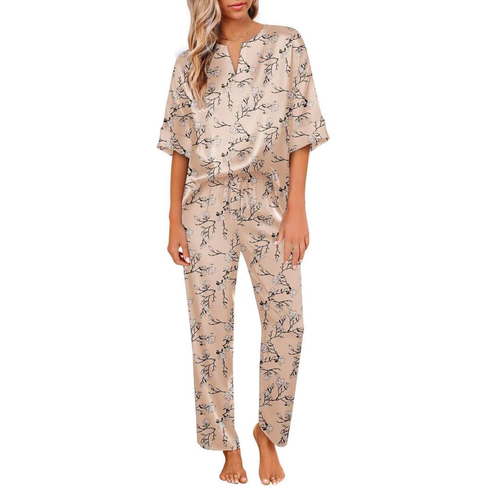 imageEkouaer Satin Pajama Set Womens Silk Short Sleeve V Neck Shirt with Long Pant Soft Loungewear Pjs SetFloral Apricot