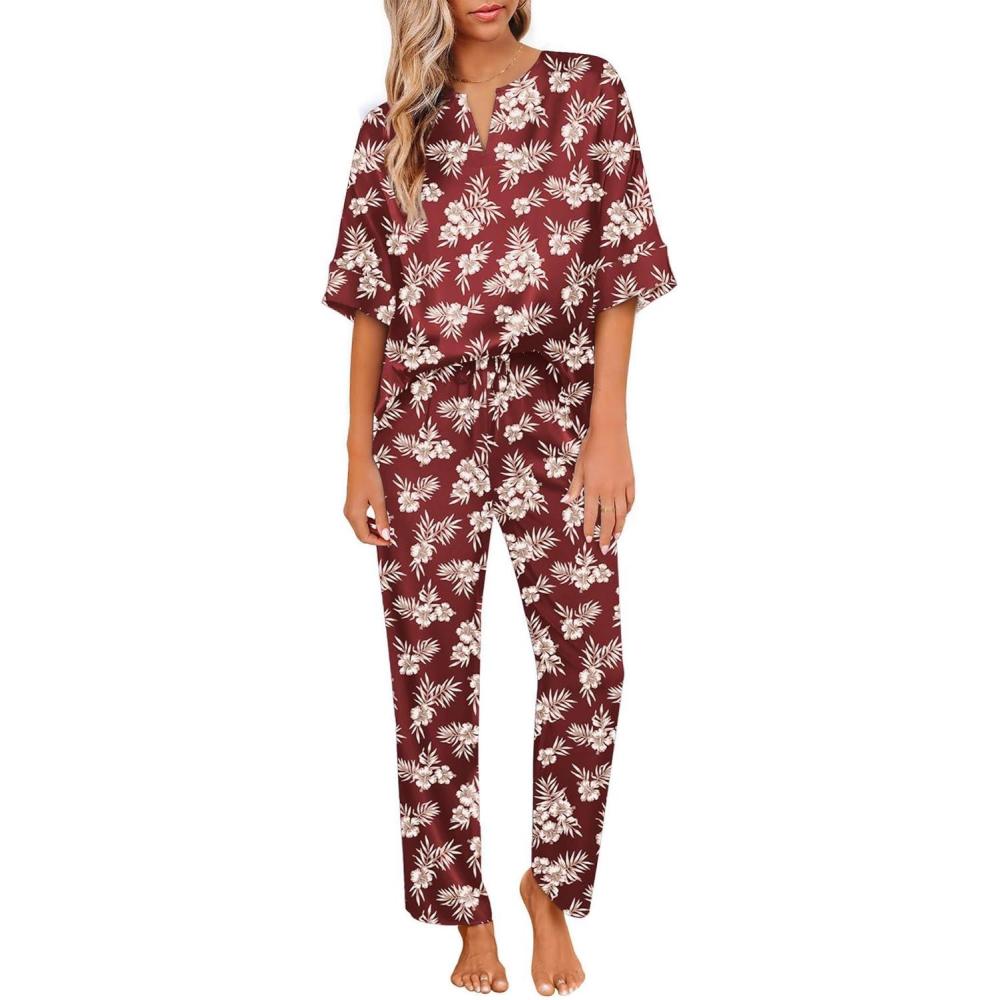 imageEkouaer Satin Pajama Set Womens Silk Short Sleeve V Neck Shirt with Long Pant Soft Loungewear Pjs SetFloral Wine Red