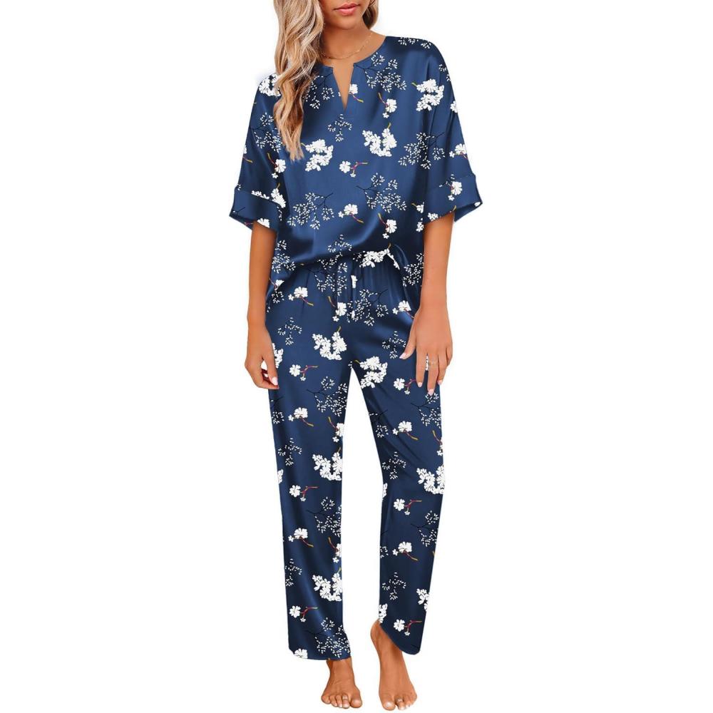 imageEkouaer Satin Pajama Set Womens Silk Short Sleeve V Neck Shirt with Long Pant Soft Loungewear Pjs SetFlower Navy Blue