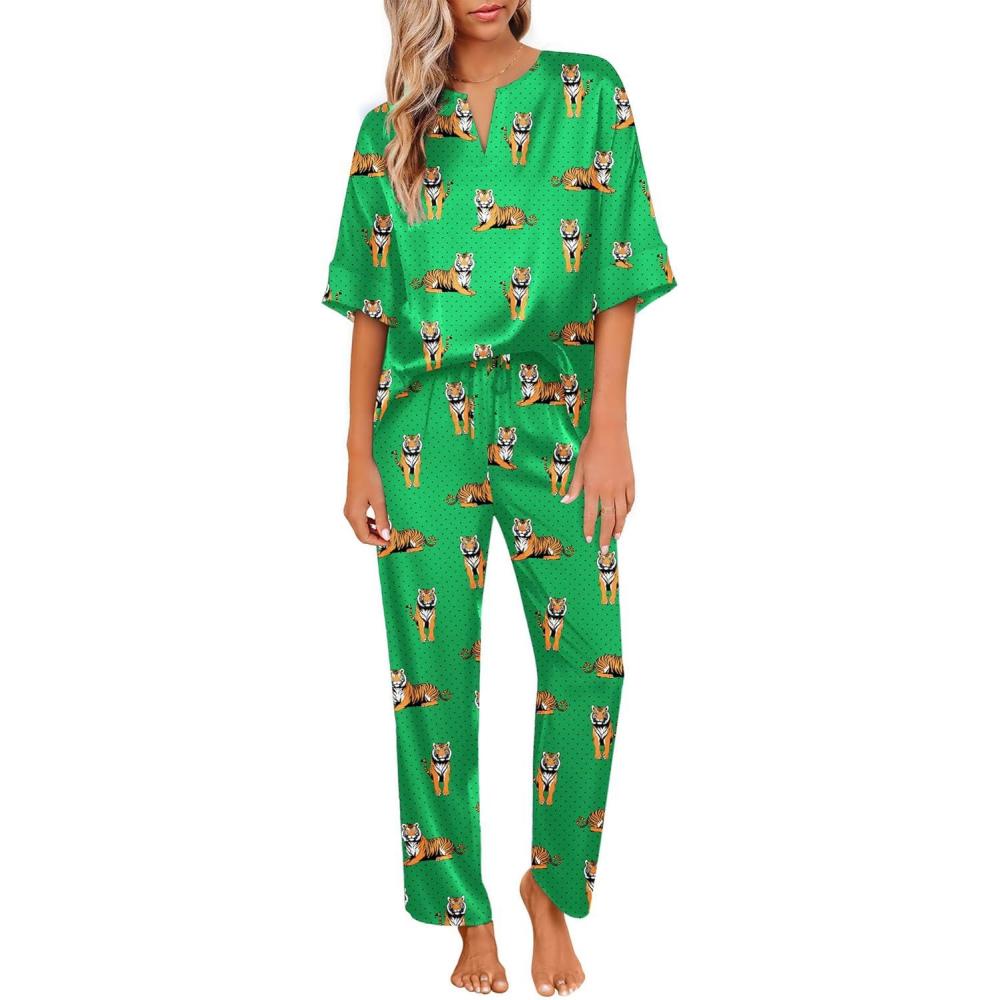 imageEkouaer Satin Pajama Set Womens Silk Short Sleeve V Neck Shirt with Long Pant Soft Loungewear Pjs SetGreen Tiger