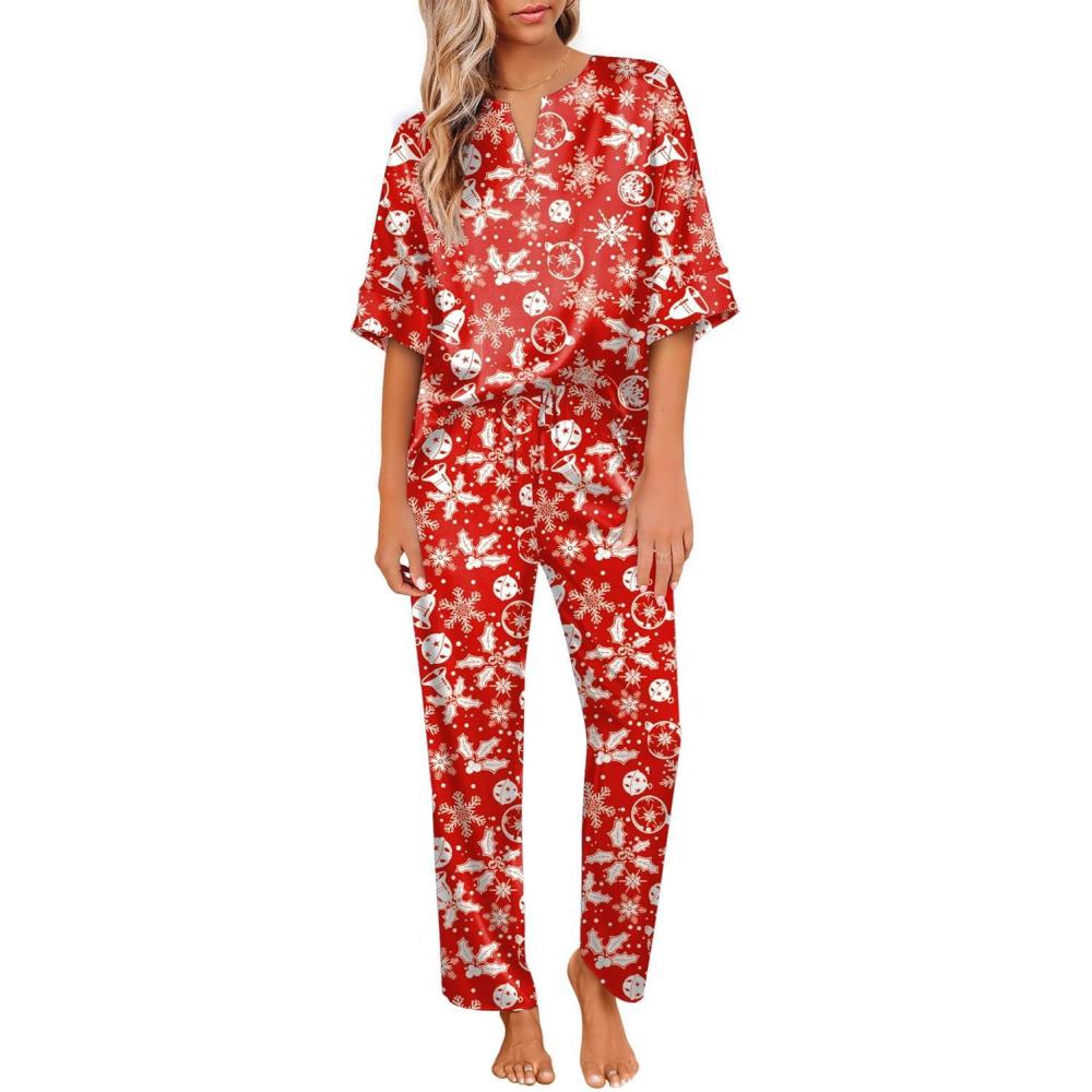 imageEkouaer Satin Pajama Set Womens Silk Short Sleeve V Neck Shirt with Long Pant Soft Loungewear Pjs SetRed Christmas