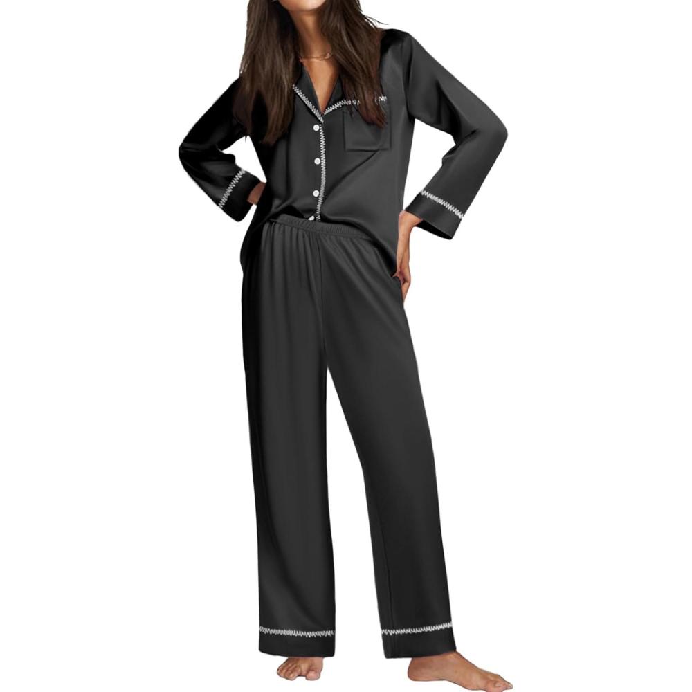 imageEkouaer Satin Pajama Set for Women Silky Sleepwear Long Sleeve Top and Pants Button Down Pjs Lounge SetBlack