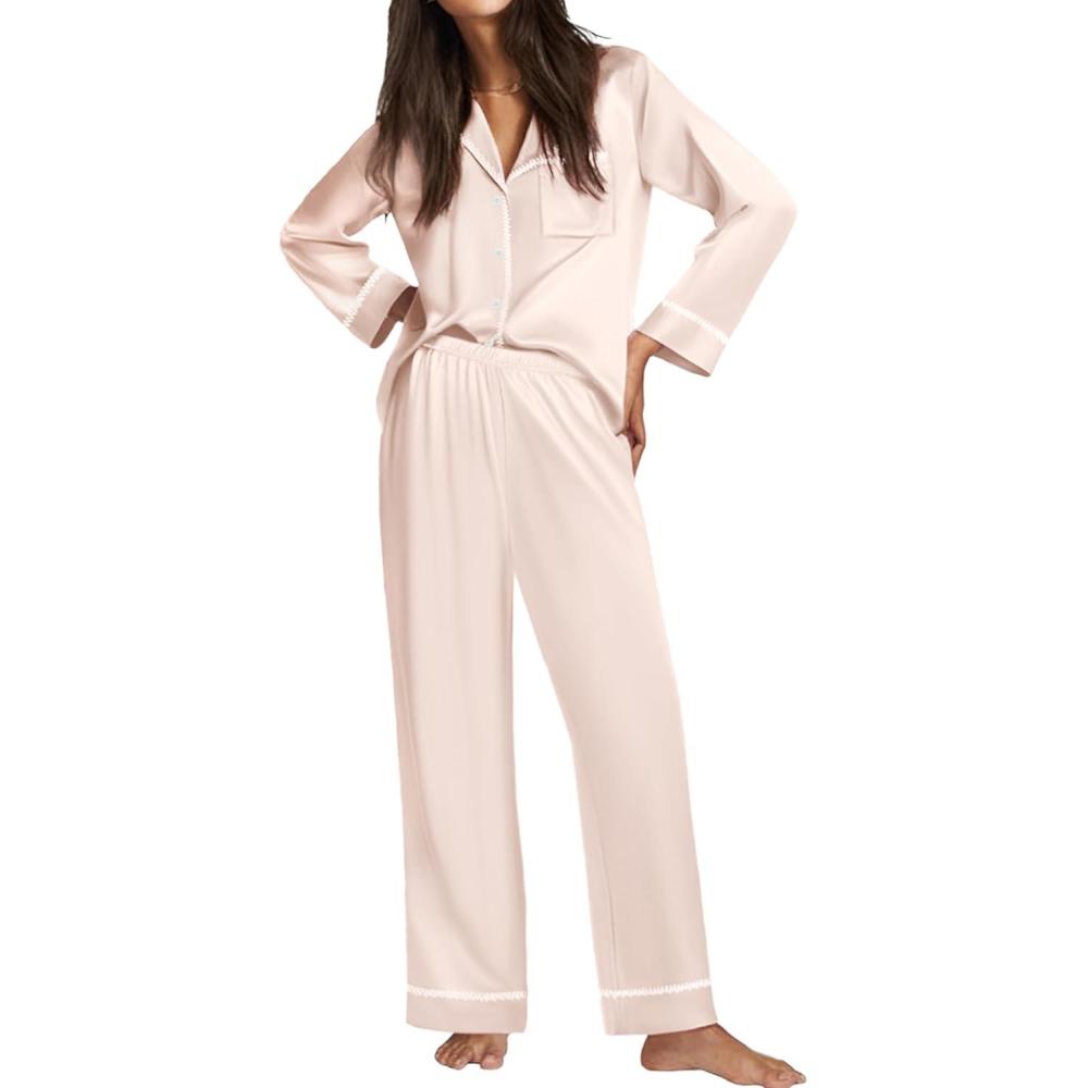 imageEkouaer Satin Pajama Set for Women Silky Sleepwear Long Sleeve Top and Pants Button Down Pjs Lounge SetChampagne