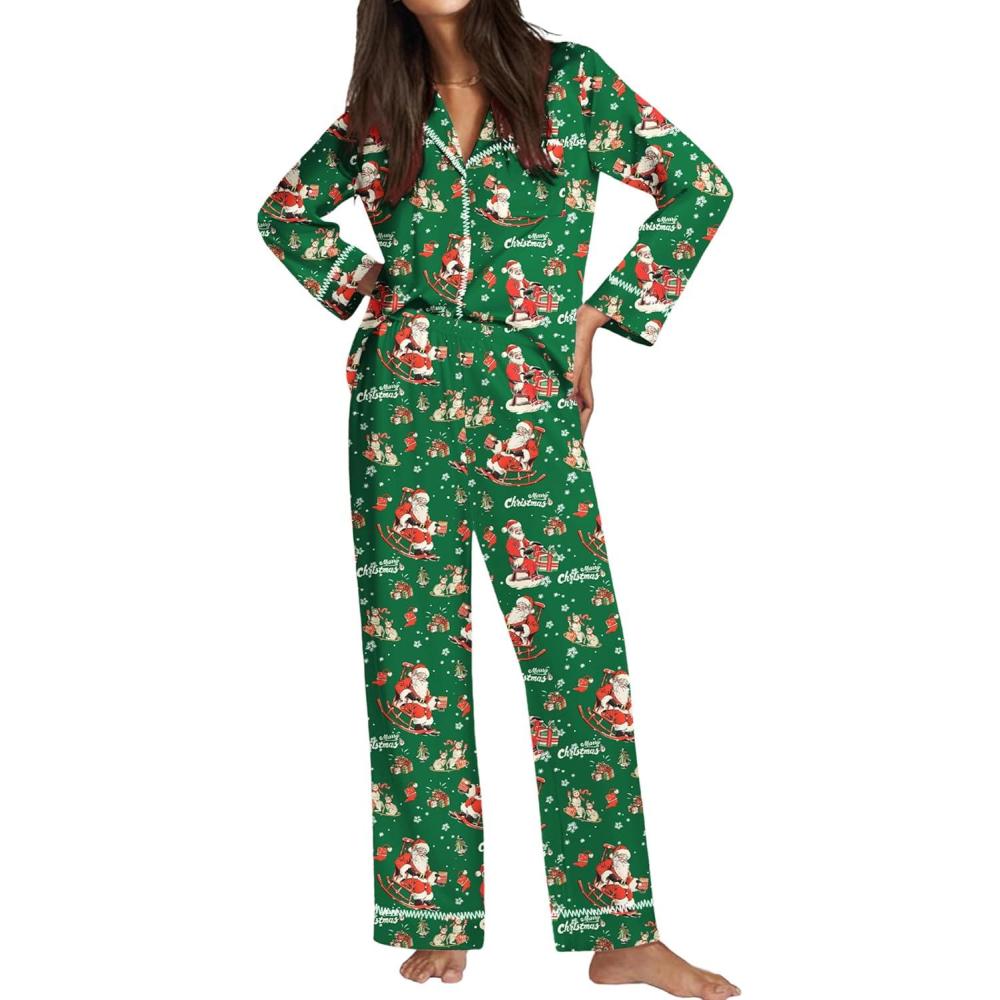 imageEkouaer Satin Pajama Set for Women Silky Sleepwear Long Sleeve Top and Pants Button Down Pjs Lounge SetGreen Christmas