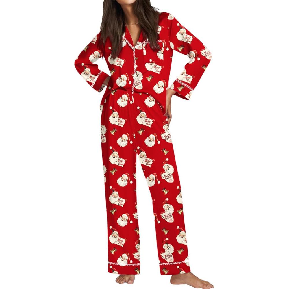 imageEkouaer Satin Pajama Set for Women Silky Sleepwear Long Sleeve Top and Pants Button Down Pjs Lounge SetRed Christmas