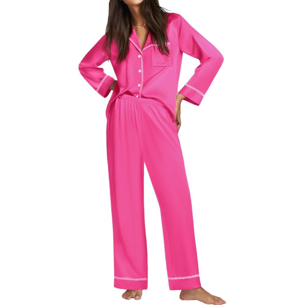 imageEkouaer Satin Pajama Set for Women Silky Sleepwear Long Sleeve Top and Pants Button Down Pjs Lounge SetRose Red