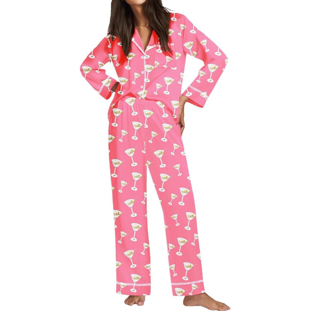 imageEkouaer Satin Pajama Set for Women Silky Sleepwear Long Sleeve Top and Pants Button Down Pjs Lounge SetRose Red Cups