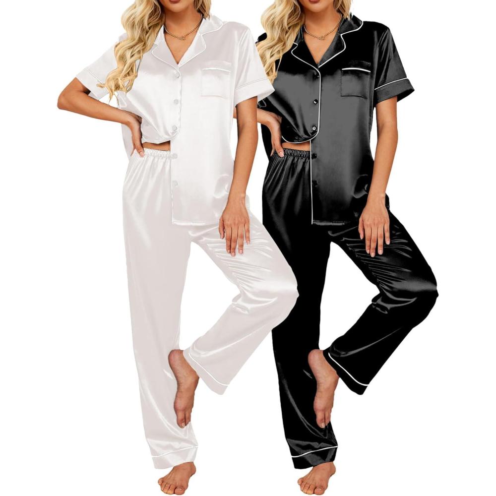 imageEkouaer Satin Pajamas Set Women Short Sleeve Sleepwear Soft Button Down Loungewear Pjs SetBlackWhite