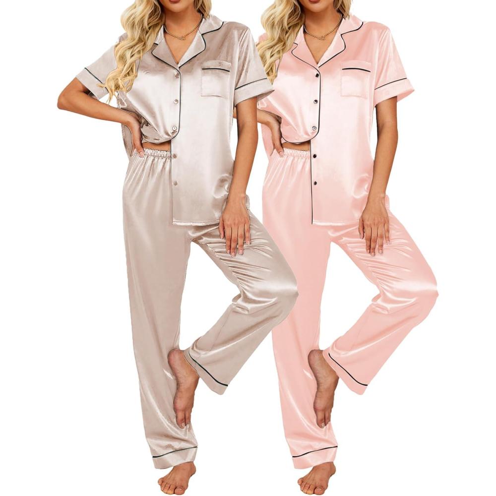 imageEkouaer Satin Pajamas Set Women Short Sleeve Sleepwear Soft Button Down Loungewear Pjs SetChampagnePink