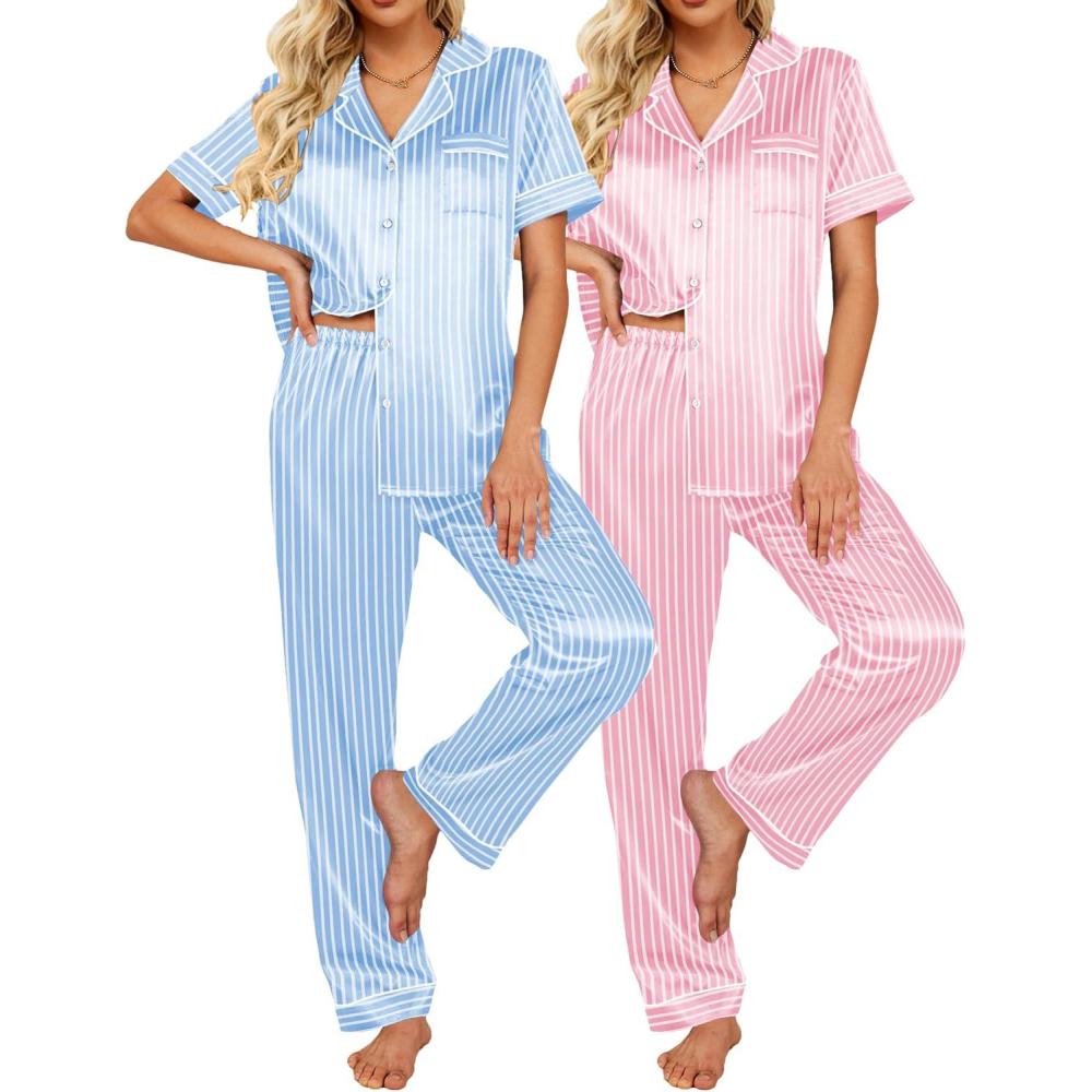 imageEkouaer Satin Pajamas Set Women Short Sleeve Sleepwear Soft Button Down Loungewear Pjs SetStriped PinkStriped Blue
