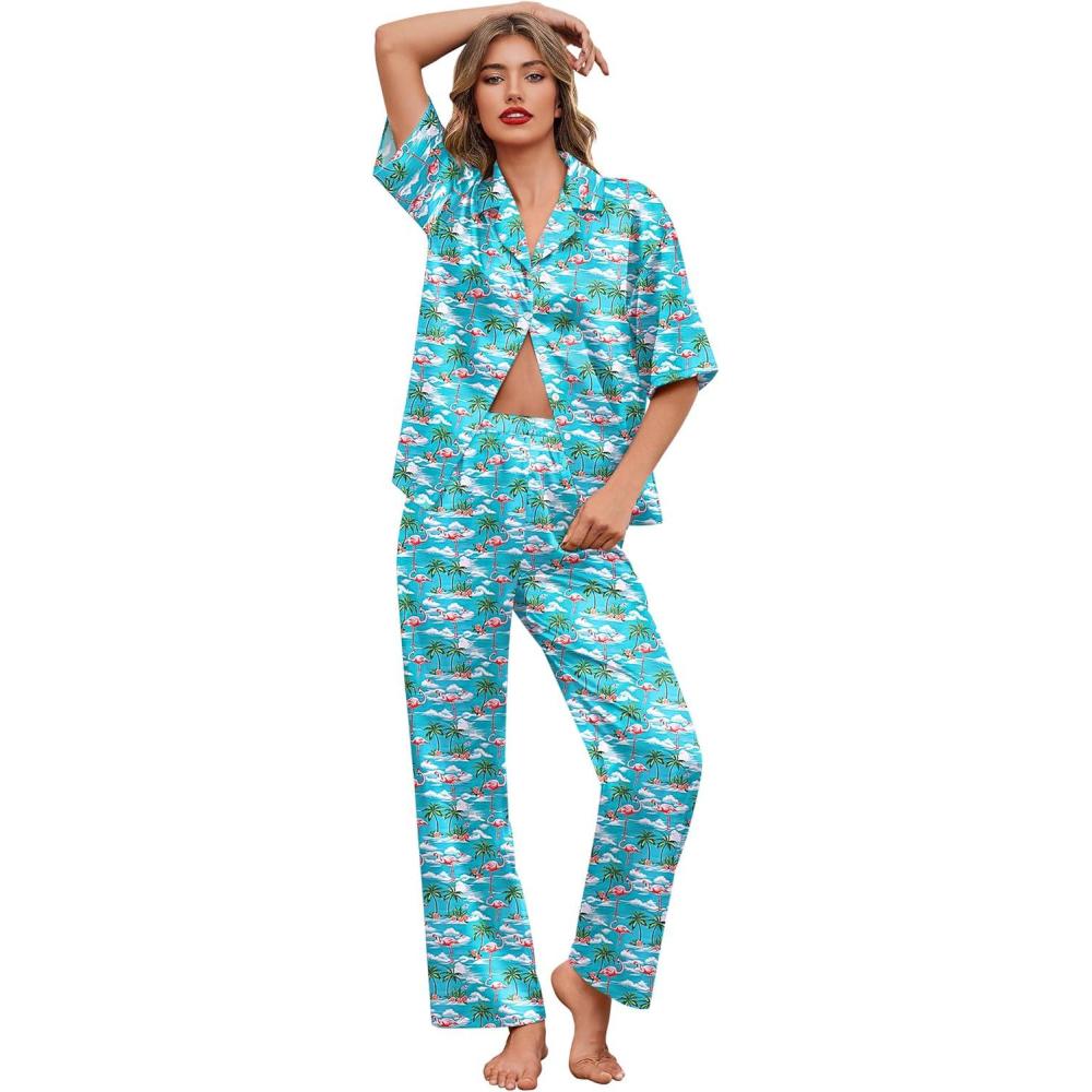 imageEkouaer Silk Satin Pajamas Set Women Short Sleeve Pj Sets Button Down Sleepwear 2 Piece Soft Loungewear SXXLFlamingo