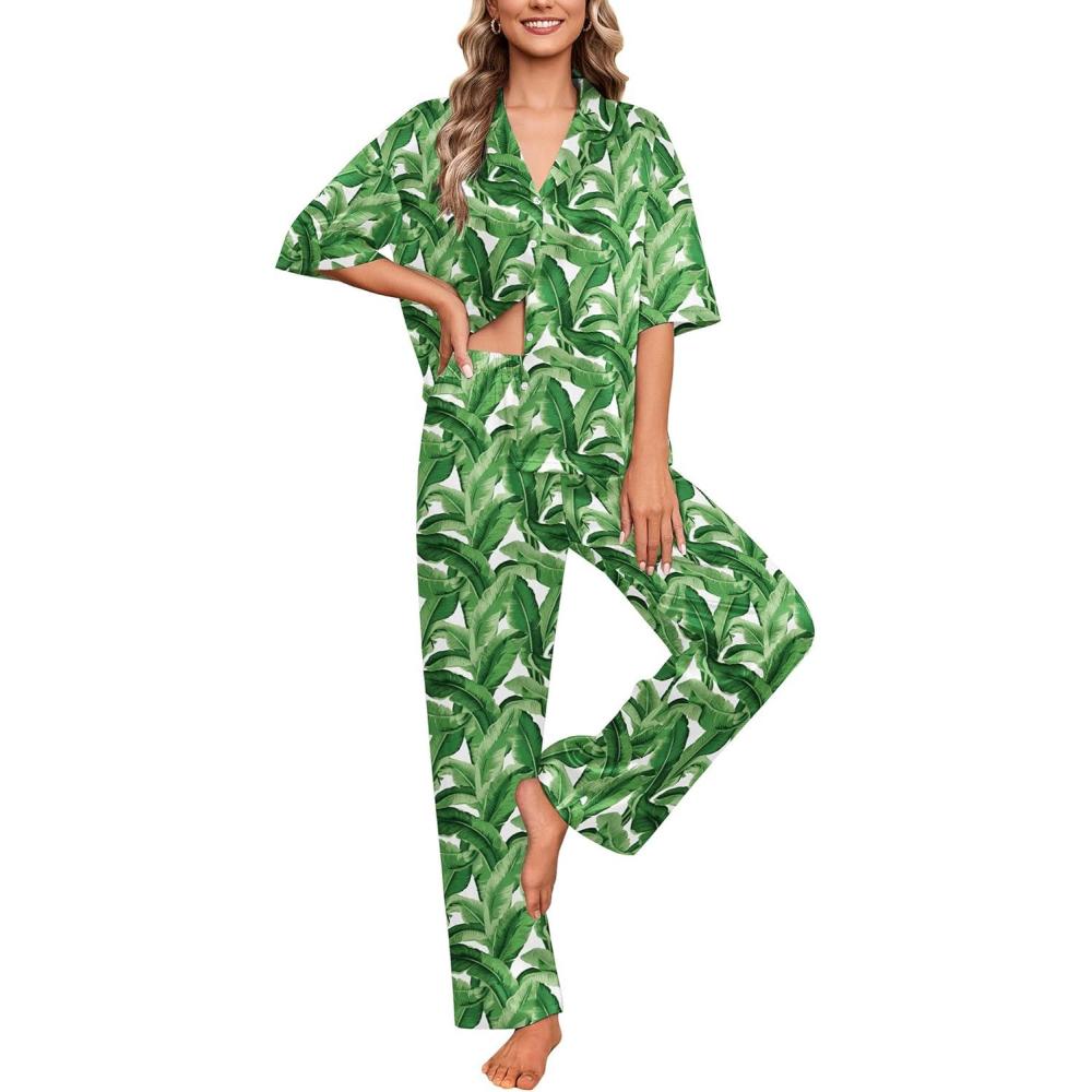imageEkouaer Silk Satin Pajamas Set Women Short Sleeve Pj Sets Button Down Sleepwear 2 Piece Soft Loungewear SXXLGreen Leaves