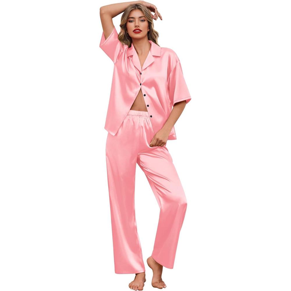 imageEkouaer Silk Satin Pajamas Set Women Short Sleeve Pj Sets Button Down Sleepwear 2 Piece Soft Loungewear SXXLLight Pink