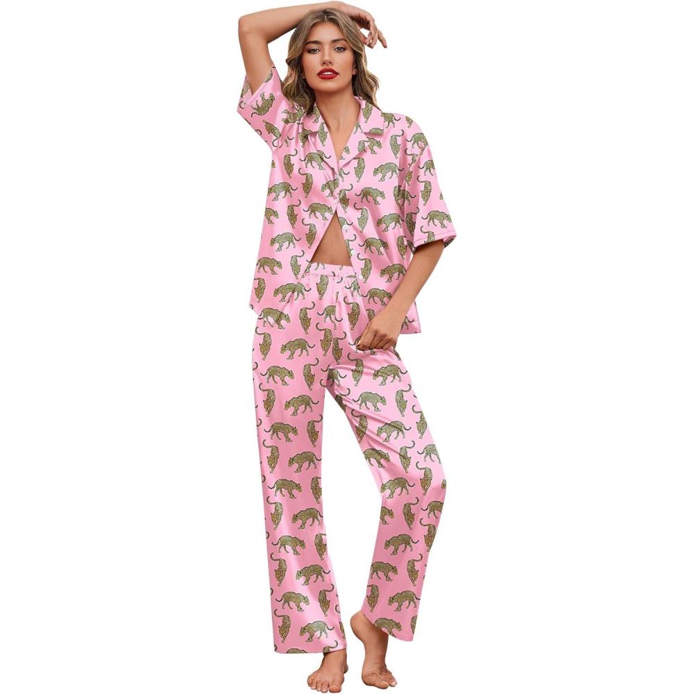 imageEkouaer Silk Satin Pajamas Set Women Short Sleeve Pj Sets Button Down Sleepwear 2 Piece Soft Loungewear SXXLPink Cheetah
