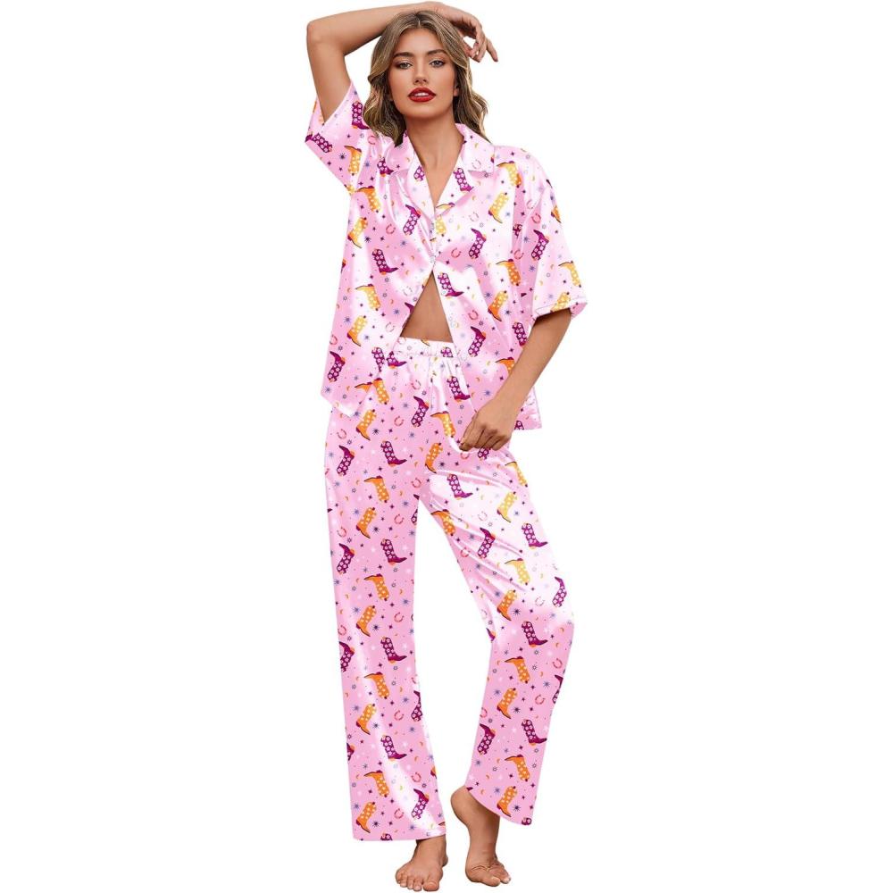 imageEkouaer Silk Satin Pajamas Set Women Short Sleeve Pj Sets Button Down Sleepwear 2 Piece Soft Loungewear SXXLPink Cowgirl