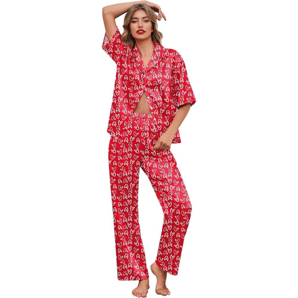 imageEkouaer Silk Satin Pajamas Set Women Short Sleeve Pj Sets Button Down Sleepwear 2 Piece Soft Loungewear SXXLRed Heart