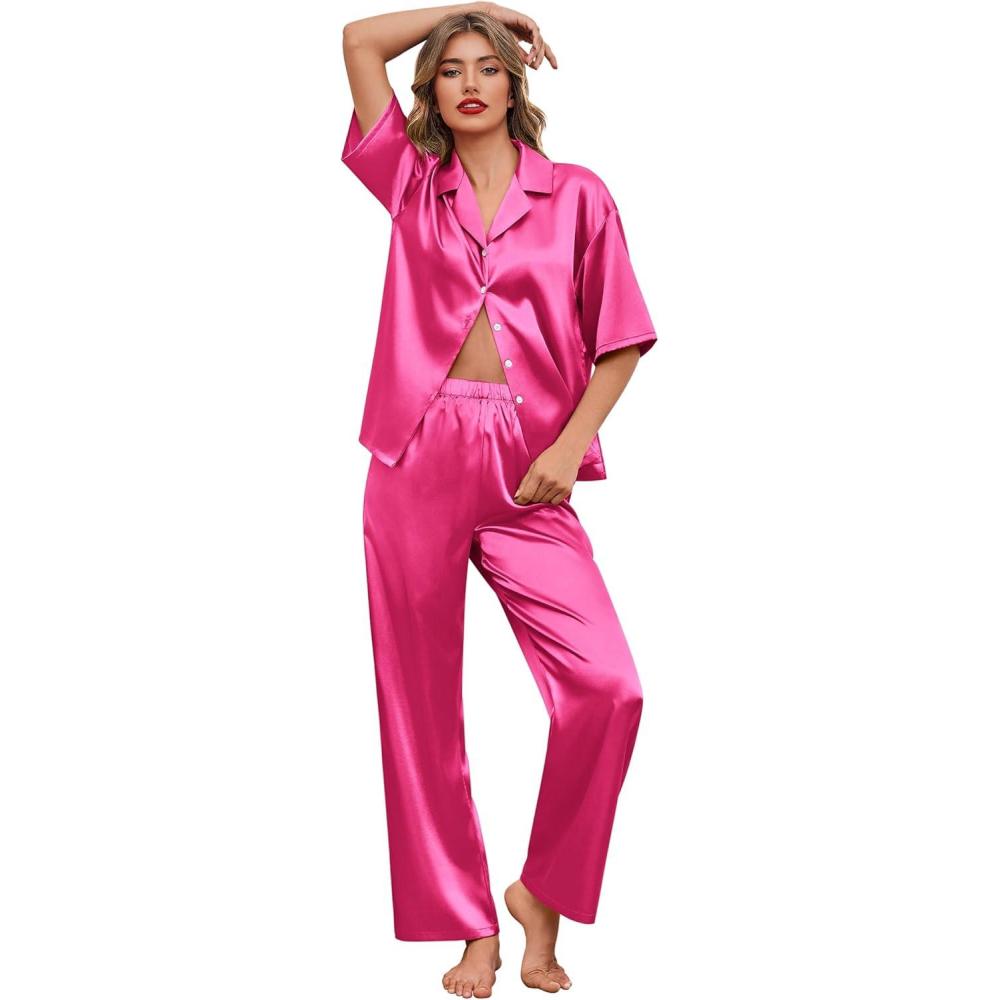imageEkouaer Silk Satin Pajamas Set Women Short Sleeve Pj Sets Button Down Sleepwear 2 Piece Soft Loungewear SXXLRose Red