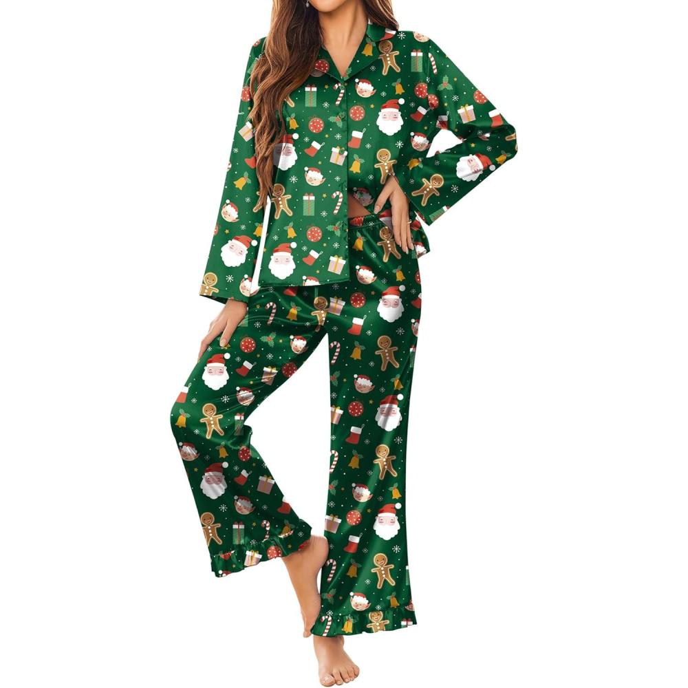 imageEkouaer Silk Satin Pajamas Set Womens Long Sleepwear Button Down 2 Piece Classic Soft Loungewear Pjs SetChristmas Green