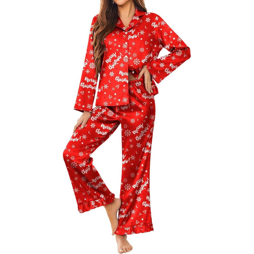 imageEkouaer Silk Satin Pajamas Set Womens Long Sleepwear Button Down 2 Piece Classic Soft Loungewear Pjs SetChristmas Red