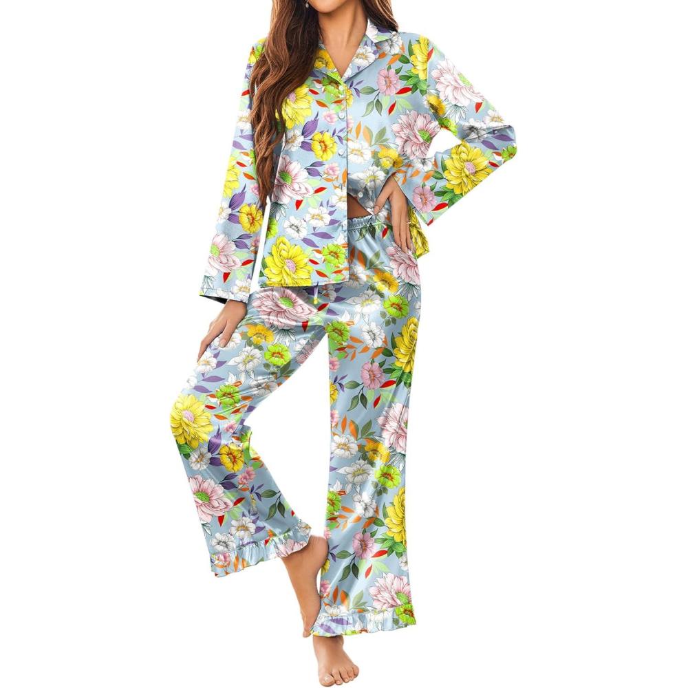 imageEkouaer Silk Satin Pajamas Set Womens Long Sleepwear Button Down 2 Piece Classic Soft Loungewear Pjs SetFloral