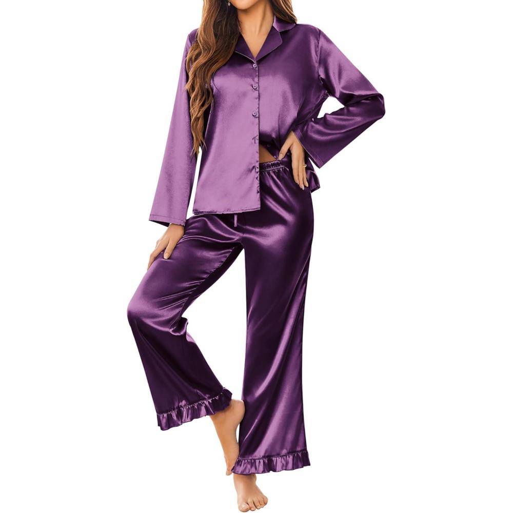 imageEkouaer Silk Satin Pajamas Set Womens Long Sleepwear Button Down 2 Piece Classic Soft Loungewear Pjs SetPurple