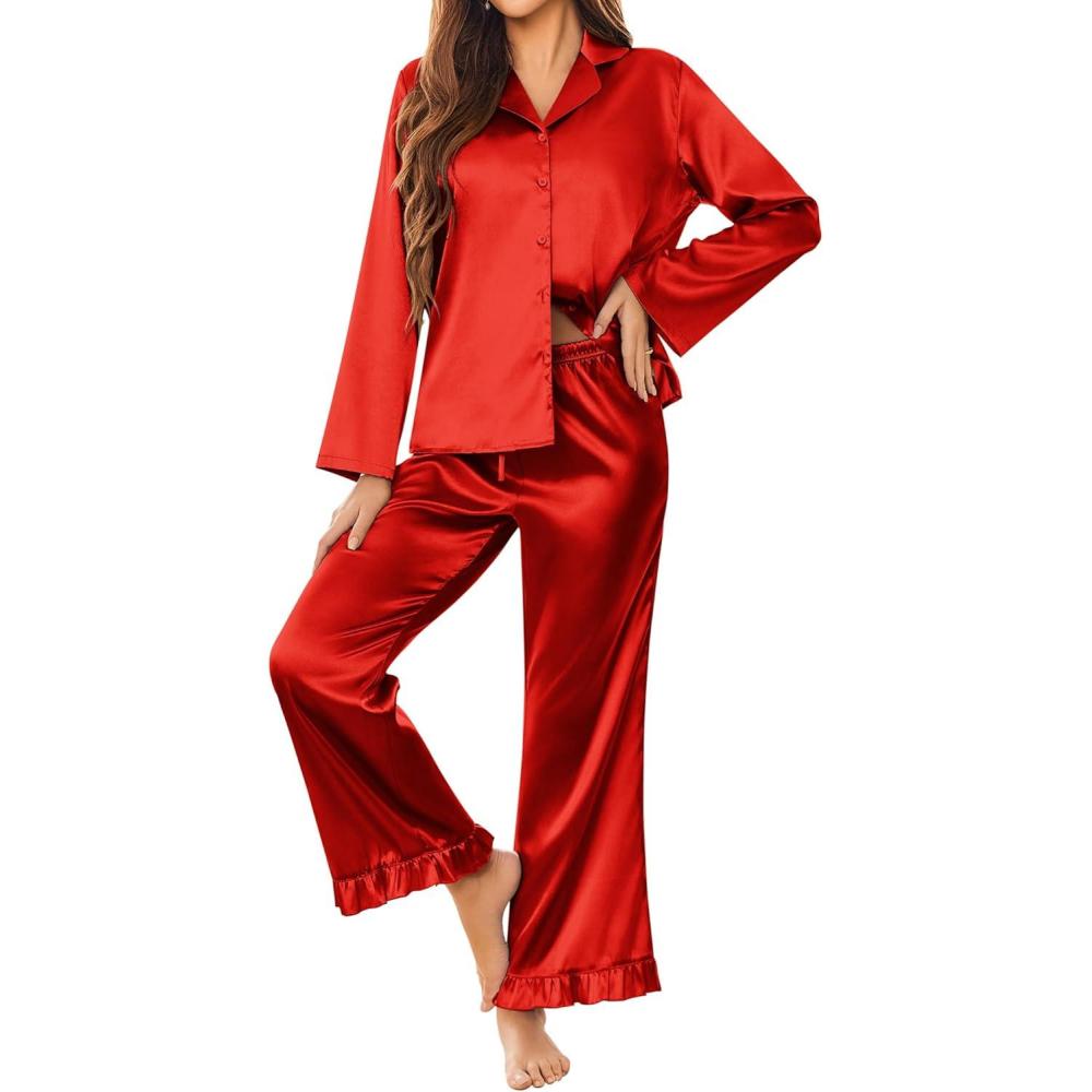 imageEkouaer Silk Satin Pajamas Set Womens Long Sleepwear Button Down 2 Piece Classic Soft Loungewear Pjs SetRed