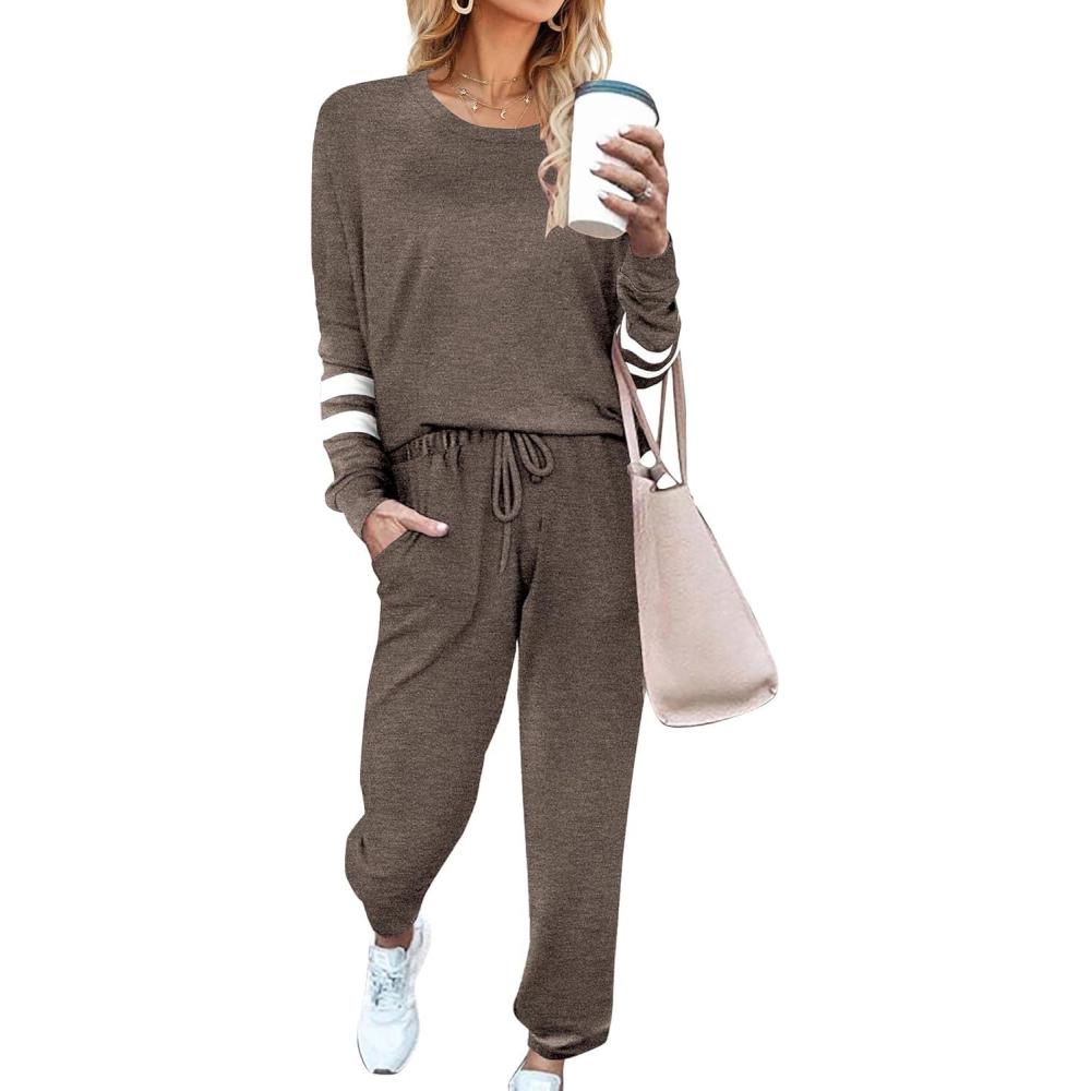 imageEkouaer Sweatsuits Womens Loungewear Set Tracksuit Long Sleeve Pajamas Set with Pockets 2 Piece Outfits Lounge SetsBrown