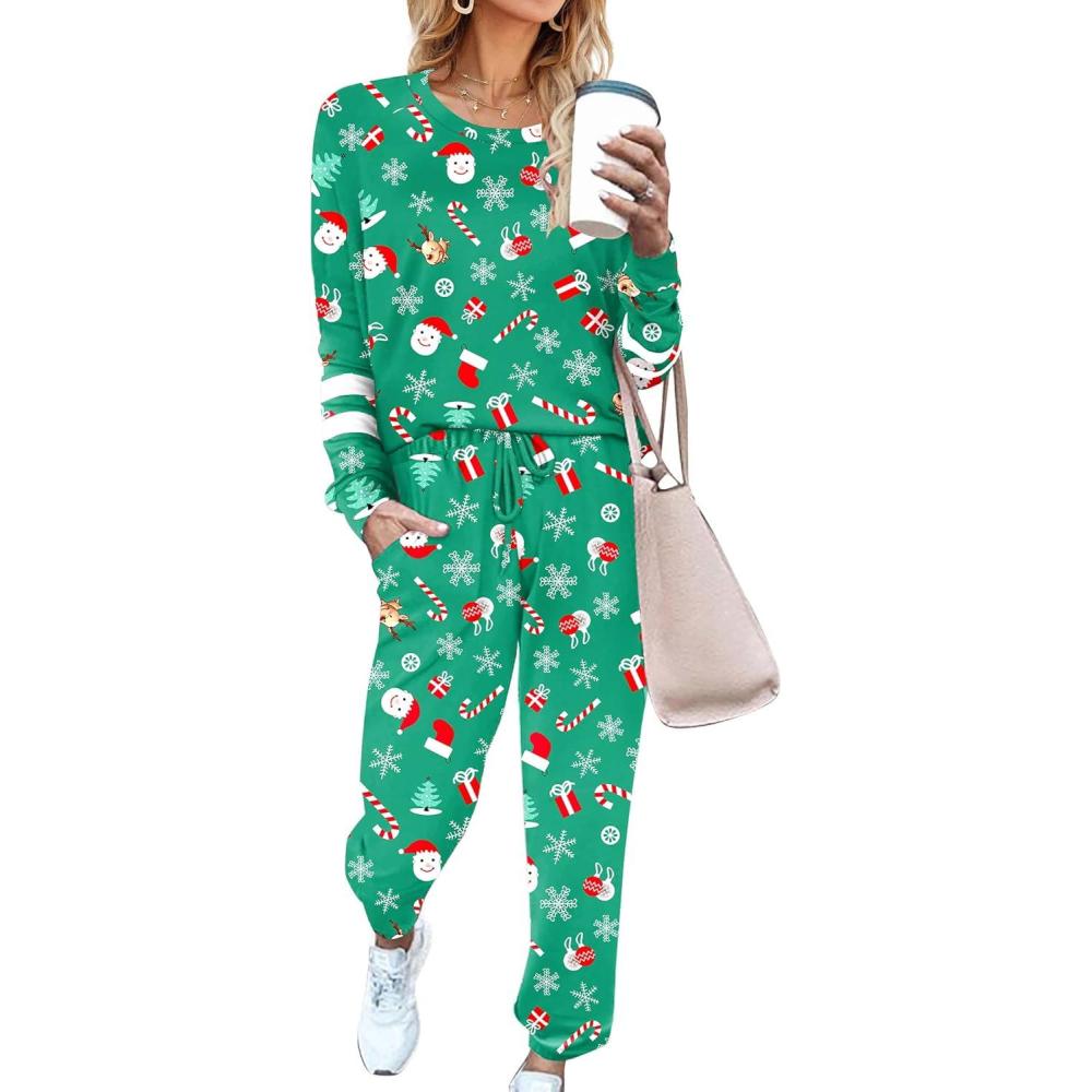 imageEkouaer Sweatsuits Womens Loungewear Set Tracksuit Long Sleeve Pajamas Set with Pockets 2 Piece Outfits Lounge SetsChristmas Green