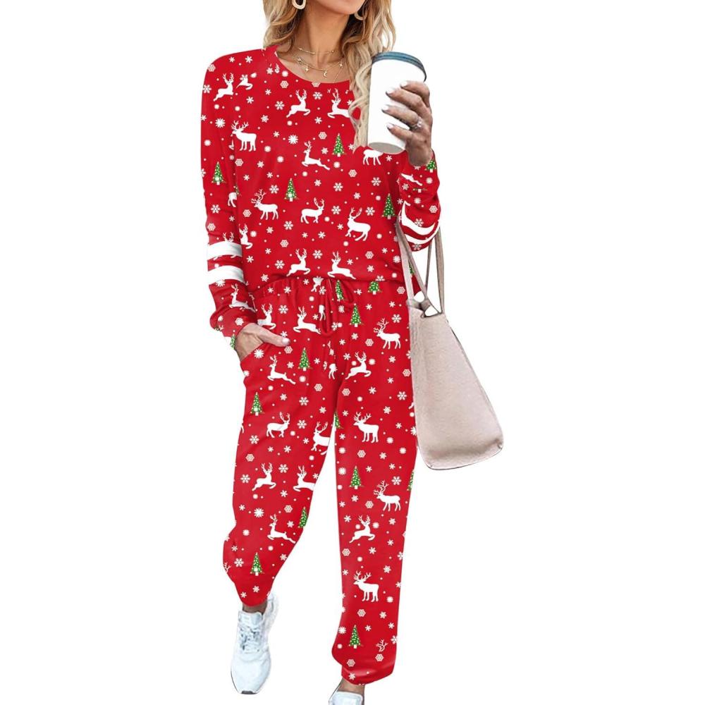 imageEkouaer Sweatsuits Womens Loungewear Set Tracksuit Long Sleeve Pajamas Set with Pockets 2 Piece Outfits Lounge SetsChristmas Red