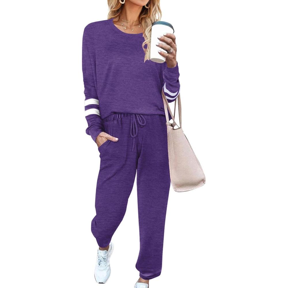 imageEkouaer Sweatsuits Womens Loungewear Set Tracksuit Long Sleeve Pajamas Set with Pockets 2 Piece Outfits Lounge SetsDeep Purple