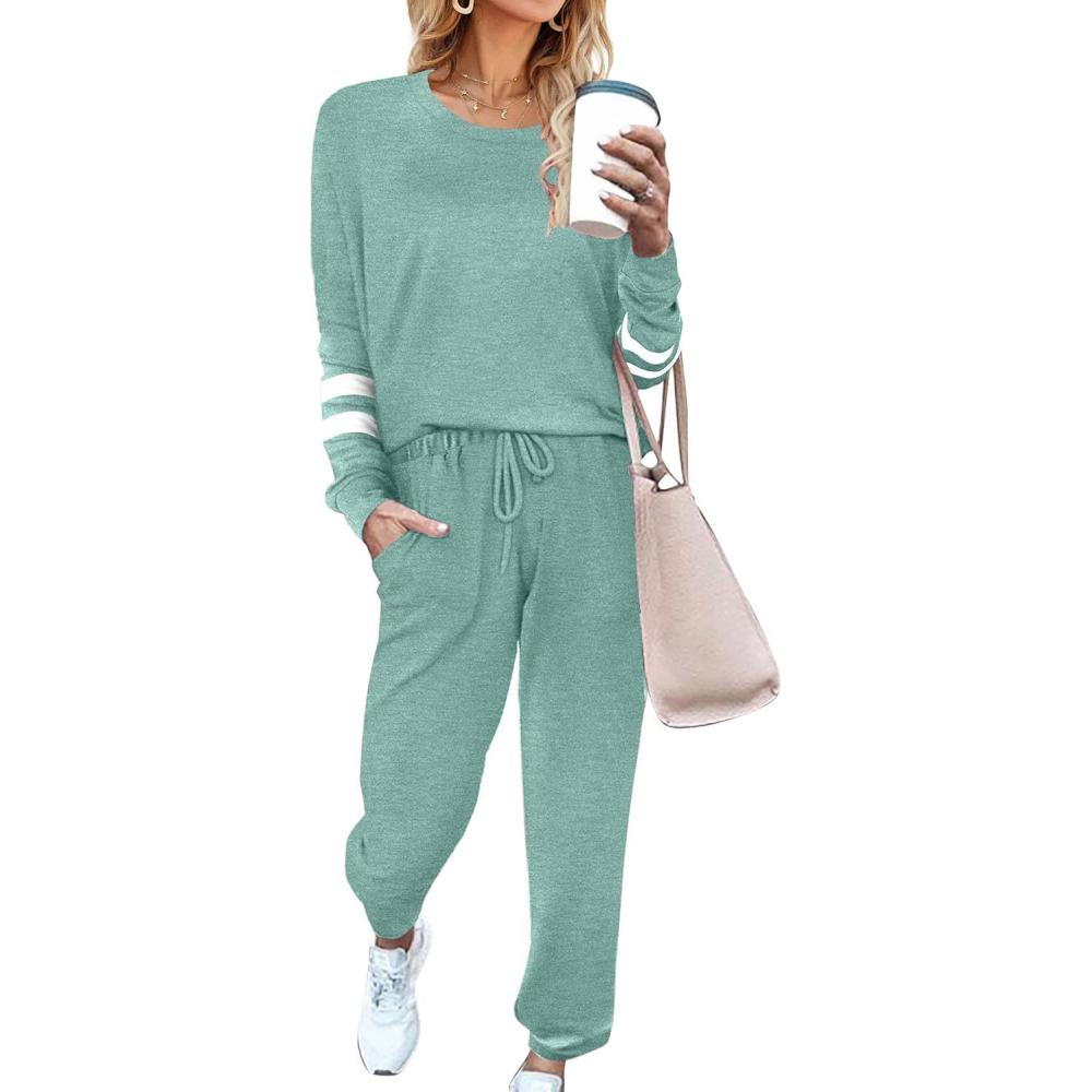 imageEkouaer Sweatsuits Womens Loungewear Set Tracksuit Long Sleeve Pajamas Set with Pockets 2 Piece Outfits Lounge SetsIce Green