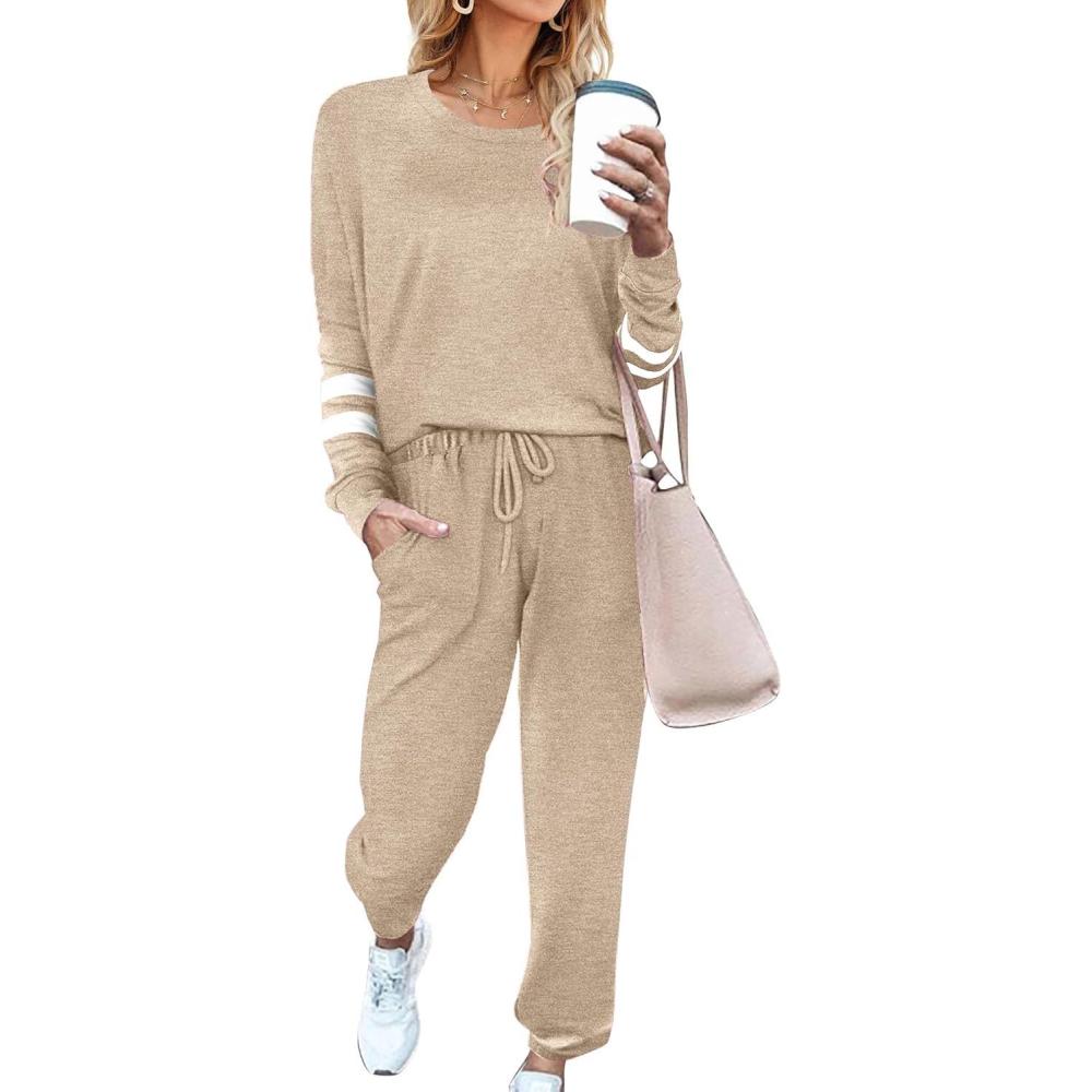imageEkouaer Sweatsuits Womens Loungewear Set Tracksuit Long Sleeve Pajamas Set with Pockets 2 Piece Outfits Lounge SetsKhaki2