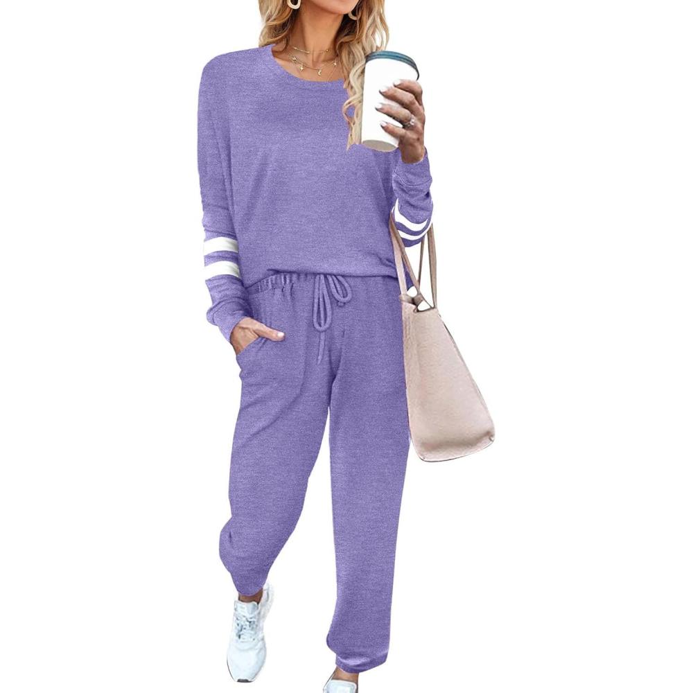 imageEkouaer Sweatsuits Womens Loungewear Set Tracksuit Long Sleeve Pajamas Set with Pockets 2 Piece Outfits Lounge SetsLight Purple