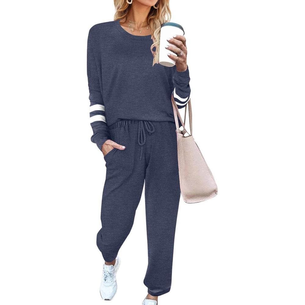 imageEkouaer Sweatsuits Womens Loungewear Set Tracksuit Long Sleeve Pajamas Set with Pockets 2 Piece Outfits Lounge SetsNavy Blue