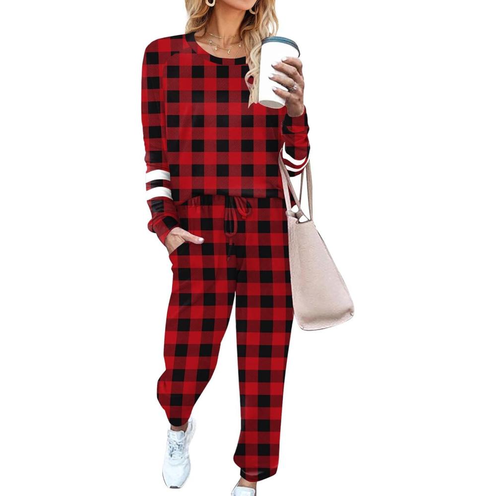 imageEkouaer Sweatsuits Womens Loungewear Set Tracksuit Long Sleeve Pajamas Set with Pockets 2 Piece Outfits Lounge SetsPlaid Black Red