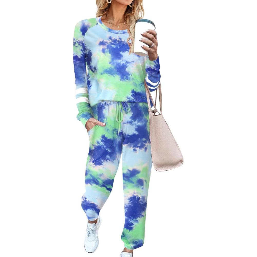 imageEkouaer Sweatsuits Womens Loungewear Set Tracksuit Long Sleeve Pajamas Set with Pockets 2 Piece Outfits Lounge SetsTie Dye Blue