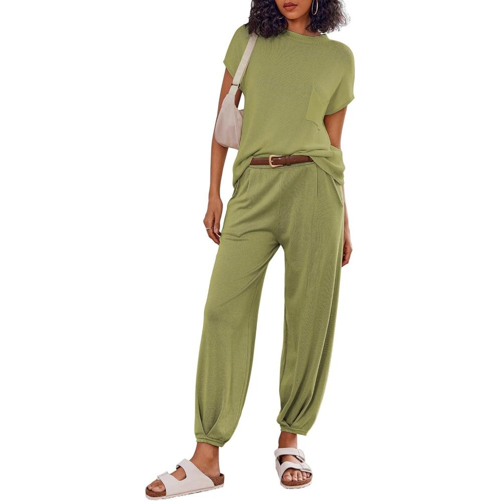 imageEkouaer Two Piece Outfits Lounge Sets for Women Sweater Sets Knit Short Sleeve Tops Jogger Pants Matching TracksuitArmy Green