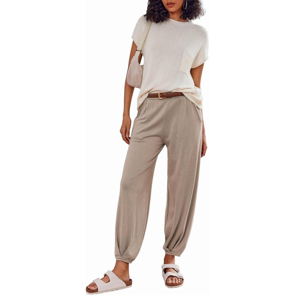 imageEkouaer Two Piece Outfits Lounge Sets for Women Sweater Sets Knit Short Sleeve Tops Jogger Pants Matching TracksuitBeige