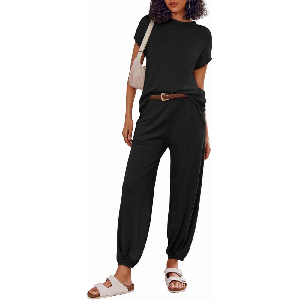 imageEkouaer Two Piece Outfits Lounge Sets for Women Sweater Sets Knit Short Sleeve Tops Jogger Pants Matching TracksuitBlack