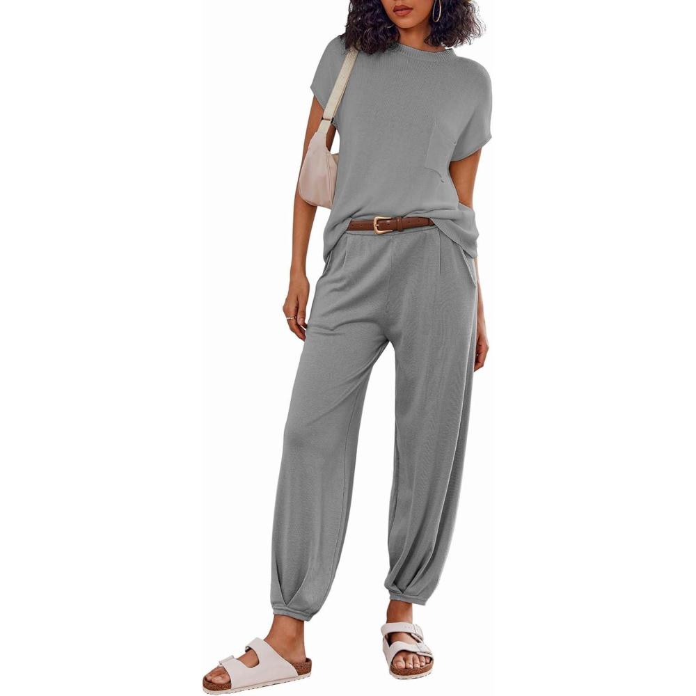 imageEkouaer Two Piece Outfits Lounge Sets for Women Sweater Sets Knit Short Sleeve Tops Jogger Pants Matching TracksuitGrey
