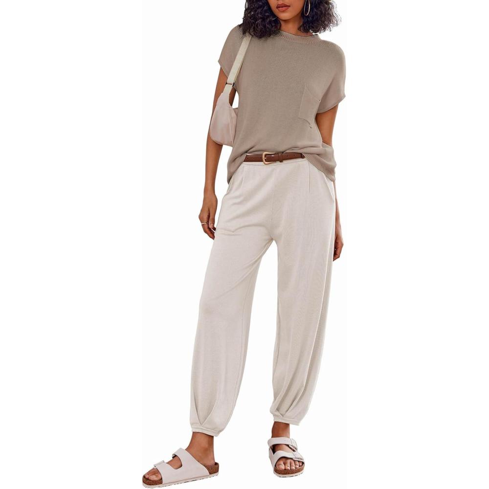 imageEkouaer Two Piece Outfits Lounge Sets for Women Sweater Sets Knit Short Sleeve Tops Jogger Pants Matching TracksuitKhaki