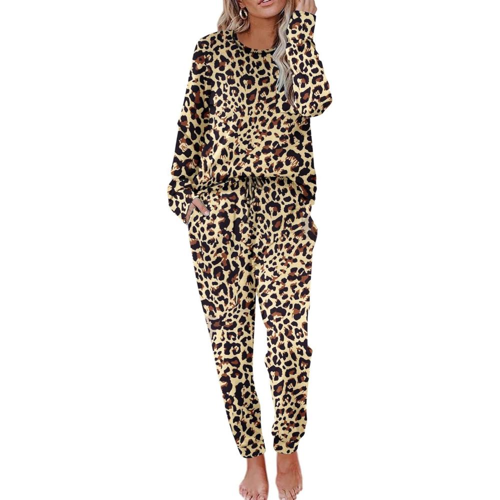 imageEkouaer Valentines Pajamas Womens Long Sleeve Pj Set Soft 2 Piece Loungewear Sleepwear with Jogger Pants XS3XLApricot Leopard Print