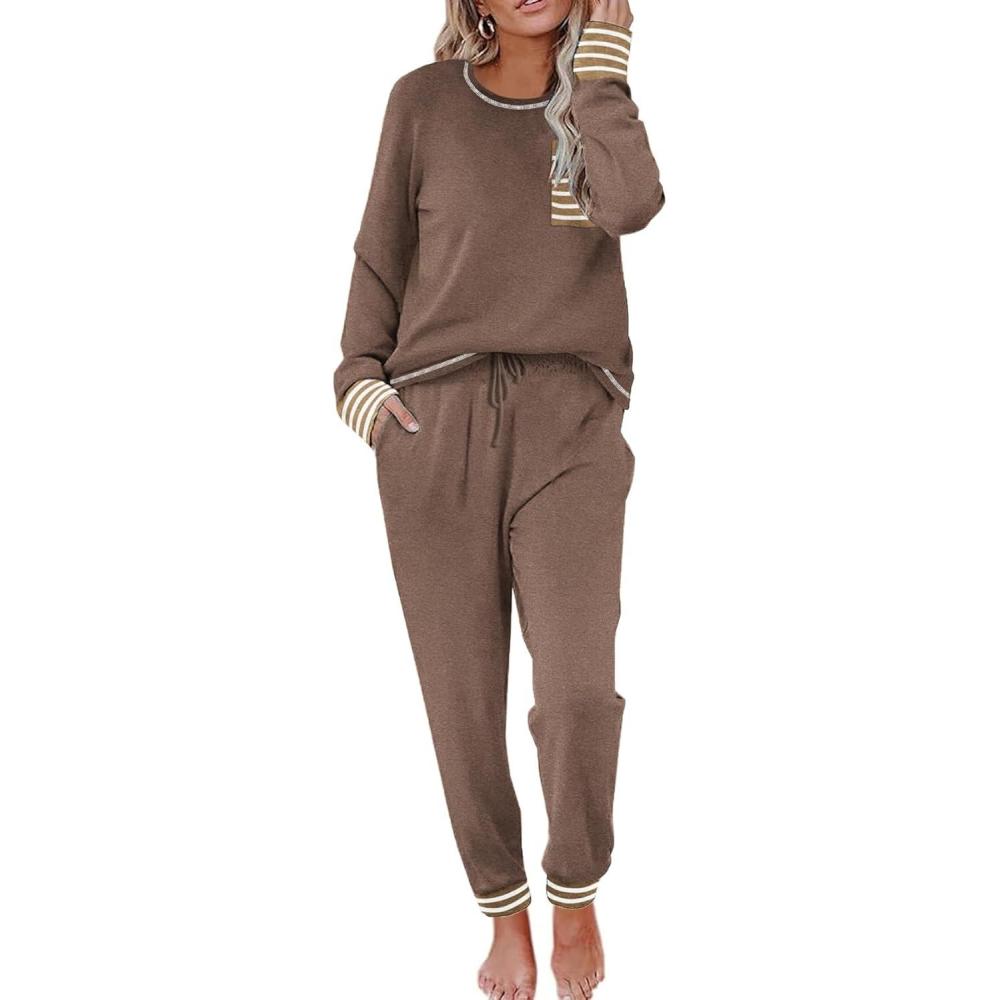 imageEkouaer Valentines Pajamas Womens Long Sleeve Pj Set Soft 2 Piece Loungewear Sleepwear with Jogger Pants XS3XLBrown