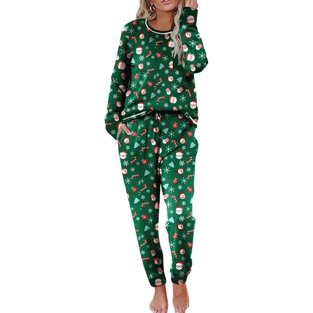 imageEkouaer Valentines Pajamas Womens Long Sleeve Pj Set Soft 2 Piece Loungewear Sleepwear with Jogger Pants XS3XLChristmas Cartoon on Green