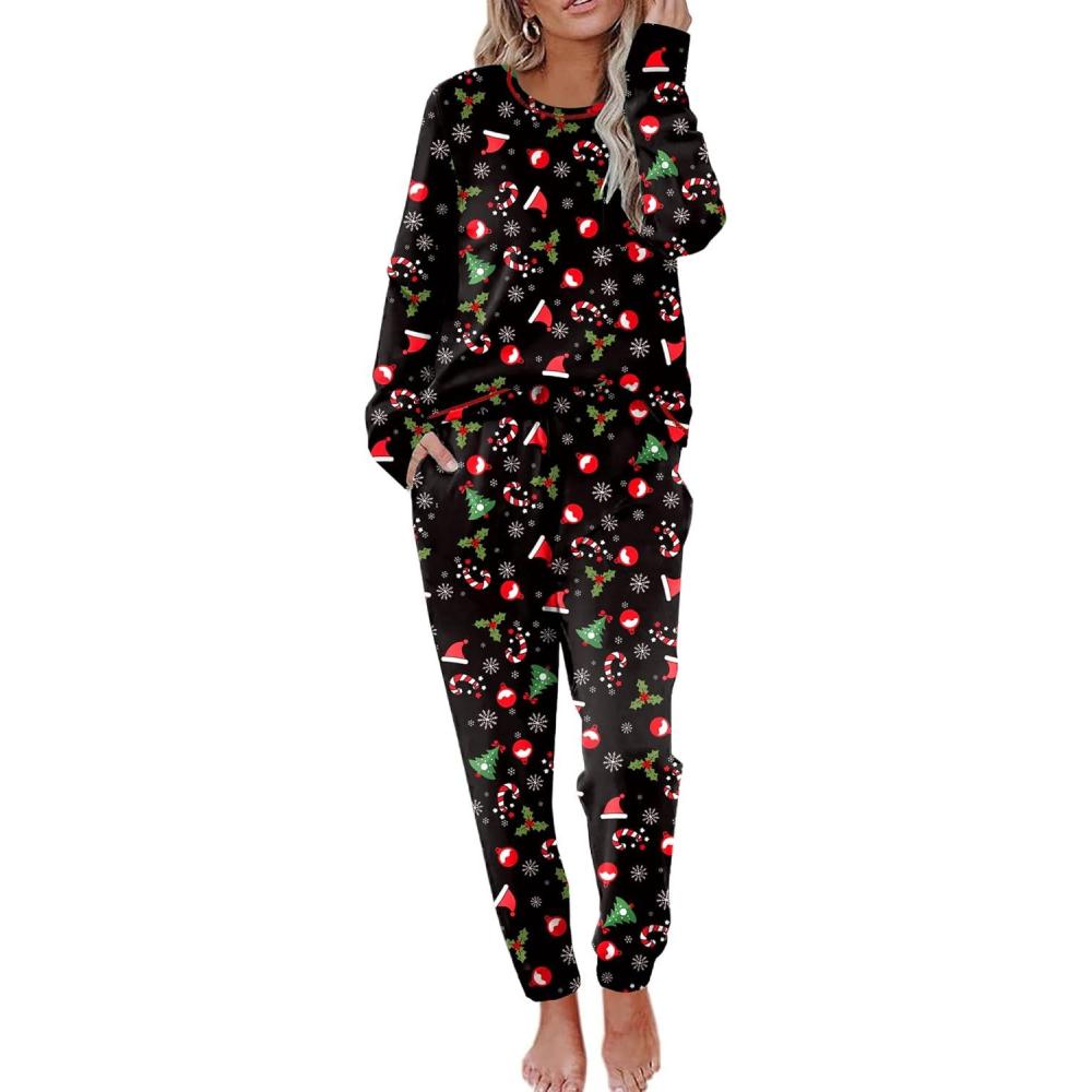 imageEkouaer Valentines Pajamas Womens Long Sleeve Pj Set Soft 2 Piece Loungewear Sleepwear with Jogger Pants XS3XLChristmas Hat on Black