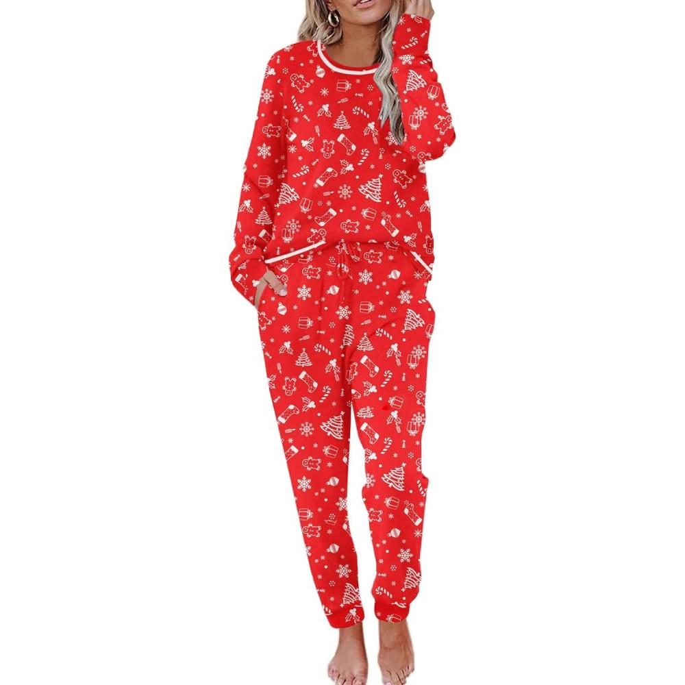 imageEkouaer Valentines Pajamas Womens Long Sleeve Pj Set Soft 2 Piece Loungewear Sleepwear with Jogger Pants XS3XLChristmas Tree on Red