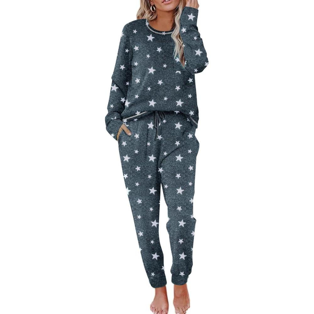 imageEkouaer Valentines Pajamas Womens Long Sleeve Pj Set Soft 2 Piece Loungewear Sleepwear with Jogger Pants XS3XLDeep Grey White Star